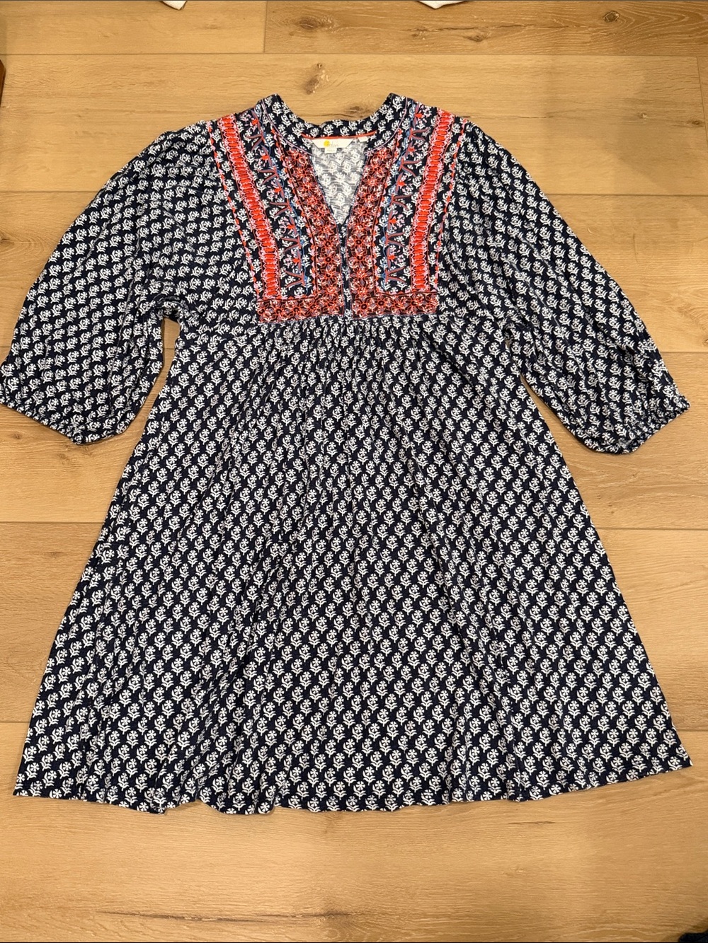 Boden Navy & White Floral Dress with Orange Embroidery